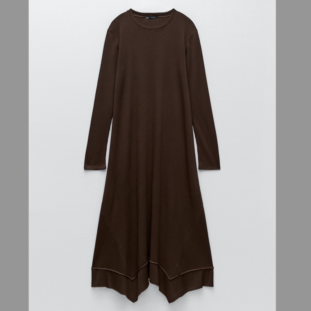 Zara brown long ribbed handkerchief midi dress NWT